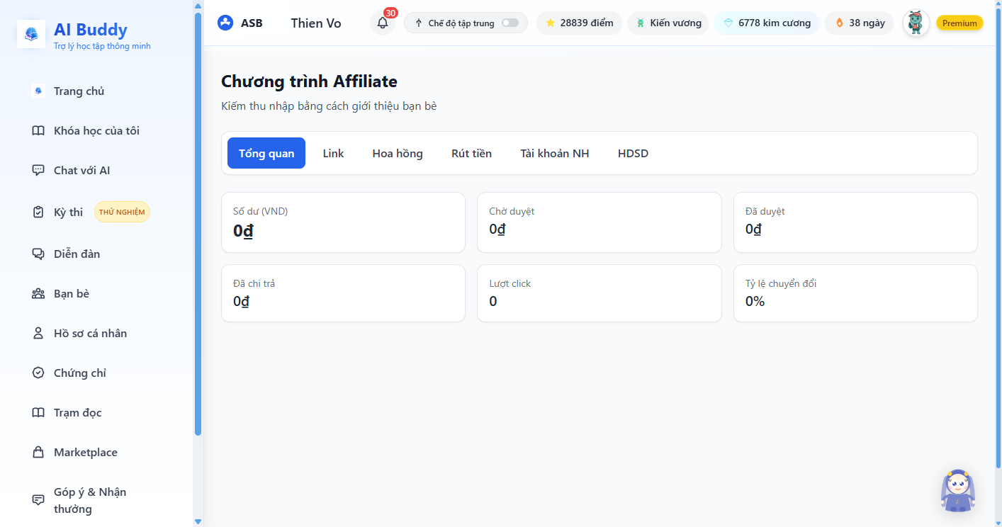 Dashboard Affiliate trên desktop