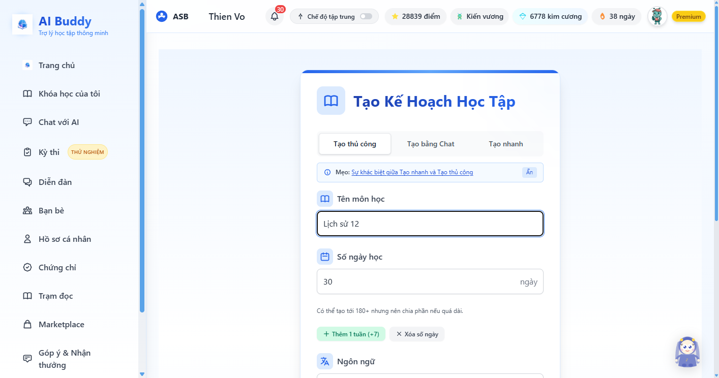 Tạo kế hoạch học tập — điền tên môn Lịch sử 12, 30 ngày