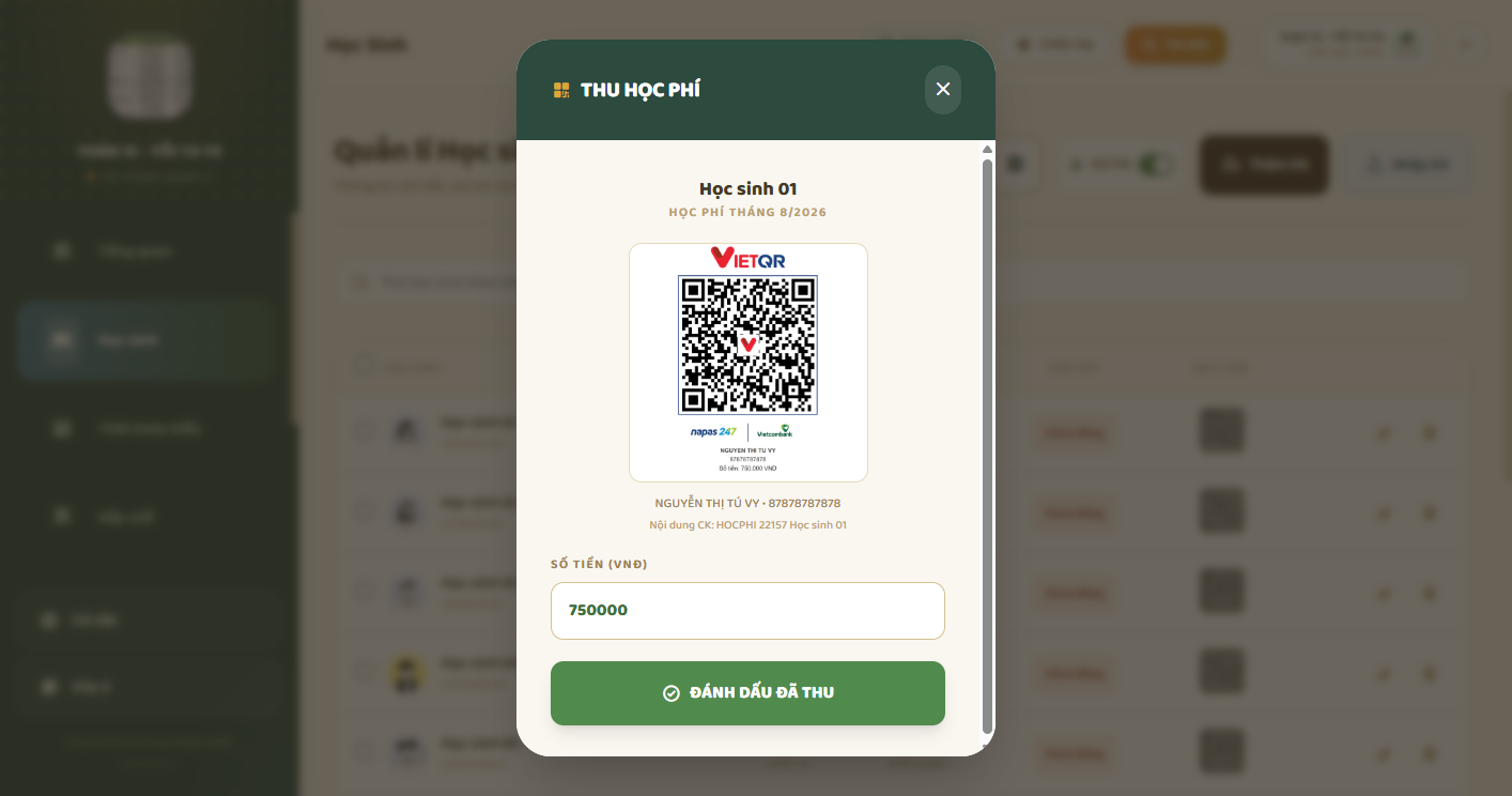 Thu học phí từng học sinh — VietQR, số tiền, ghi nhận đã đóng theo tháng