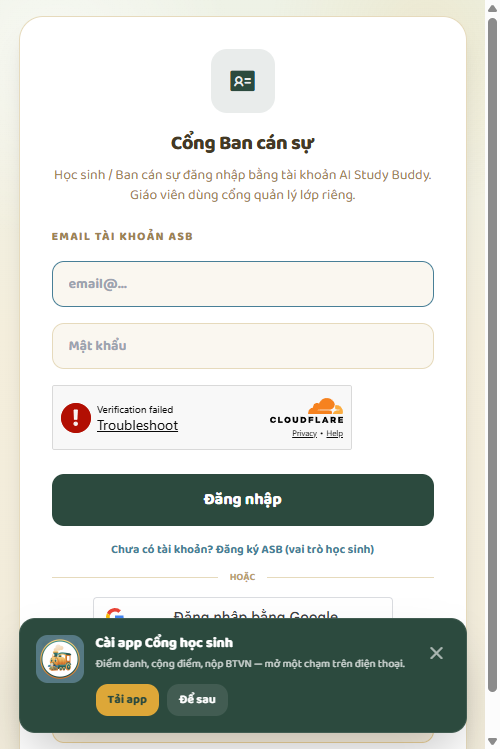 Cổng Ban cán sự — banner Cài app Cổng học sinh, nút Tải app