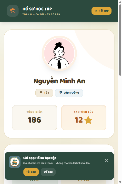 Hồ sơ học tập trên điện thoại — nút Tải app và banner Cài app Hồ sơ học tập