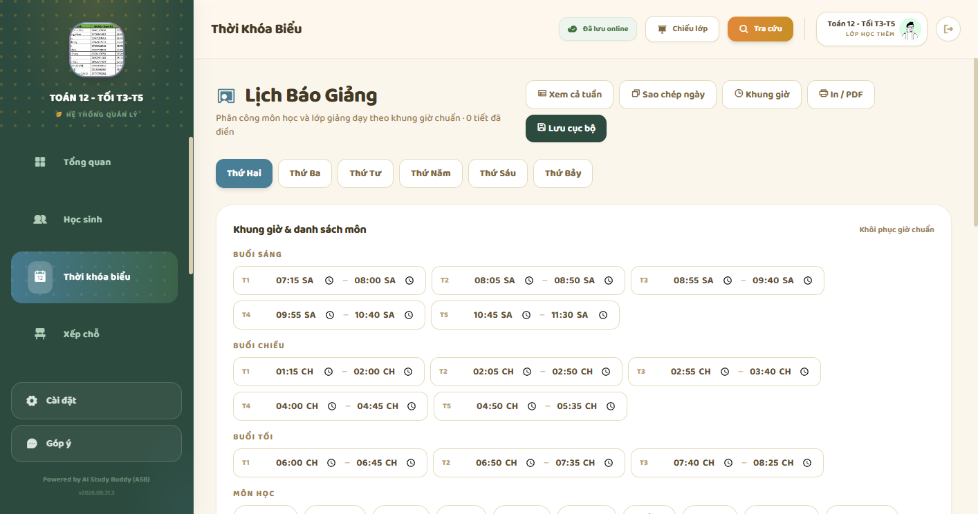 Cài đặt khung giờ tiết sáng chiều tối và danh sách môn