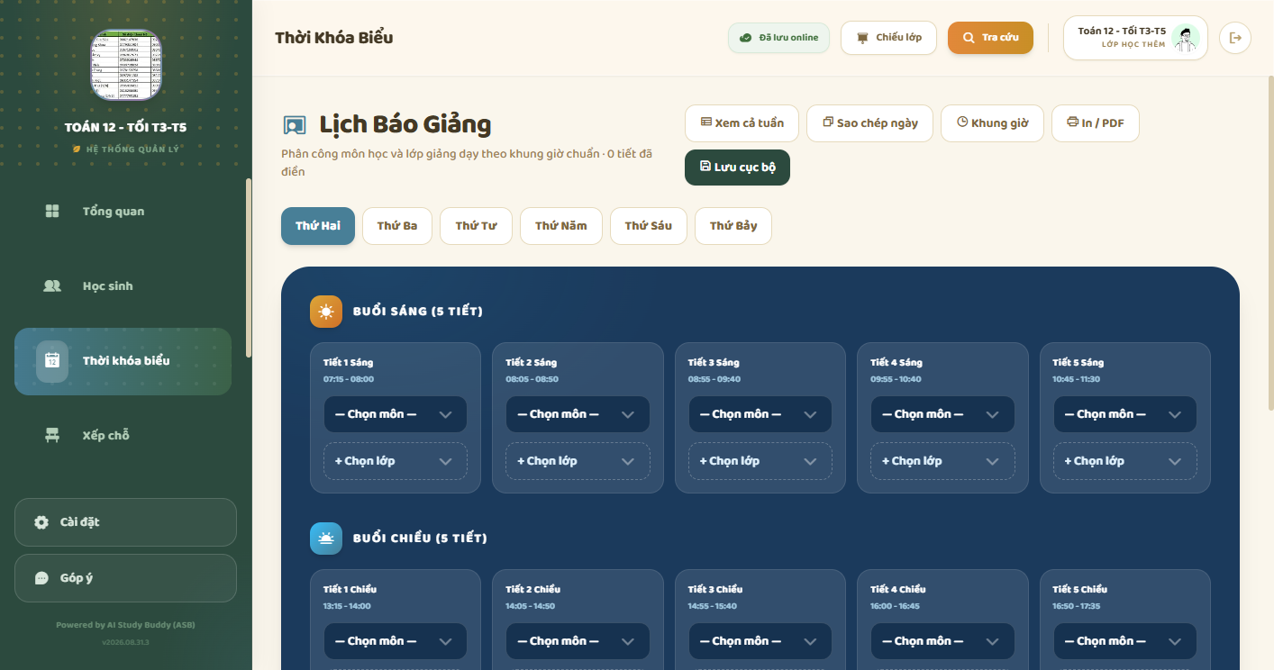 Thời khóa biểu — lưới thứ 2 đến thứ 7, buổi sáng chiều tối, chọn môn