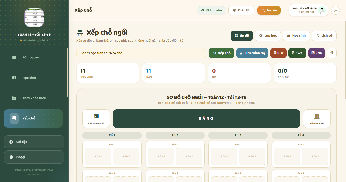 Sơ đồ chỗ ngồi — xếp tự động, kéo thả, xuất file