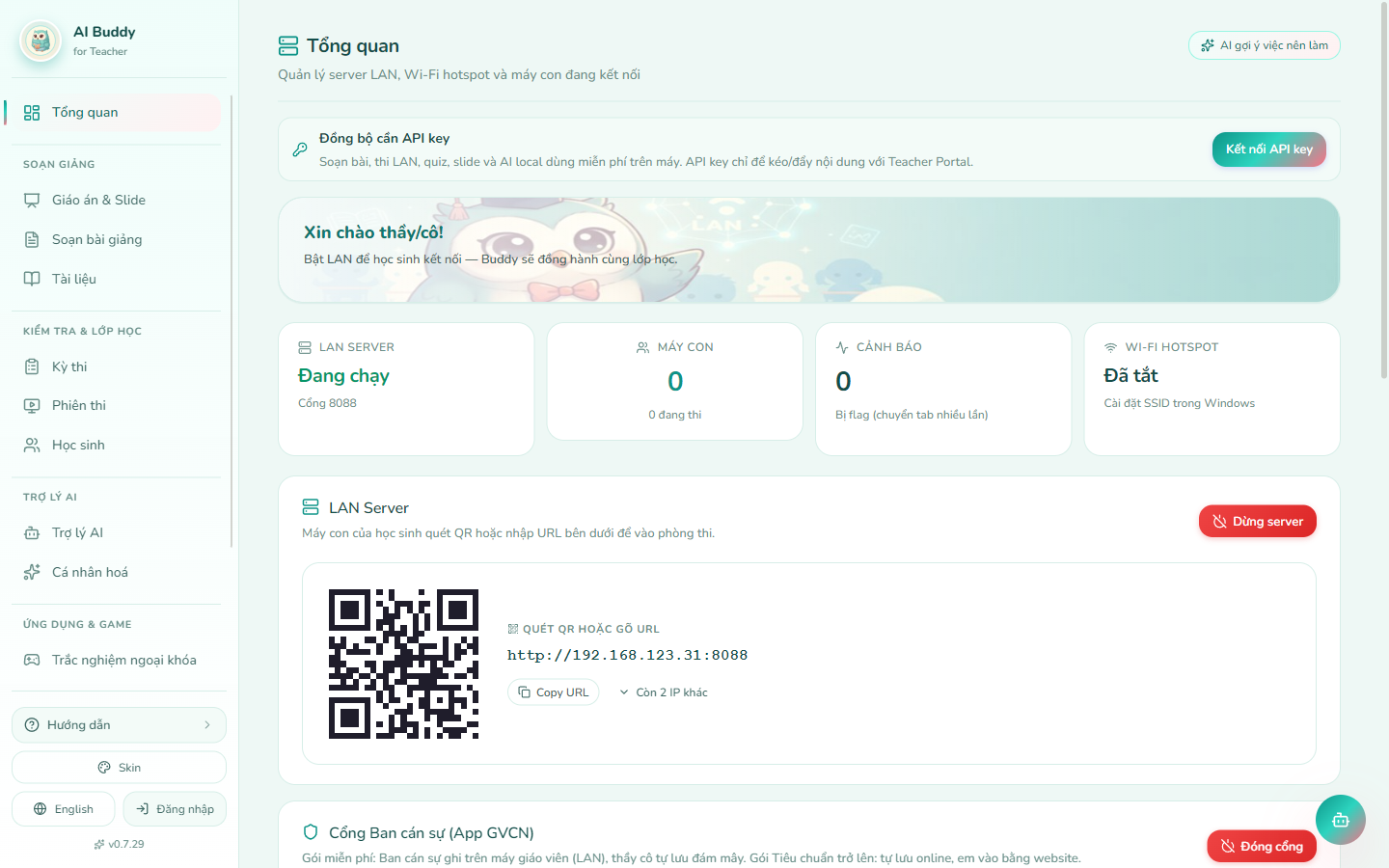 Tổng quan khi LAN đang chạy — QR và địa chỉ http máy thầy
