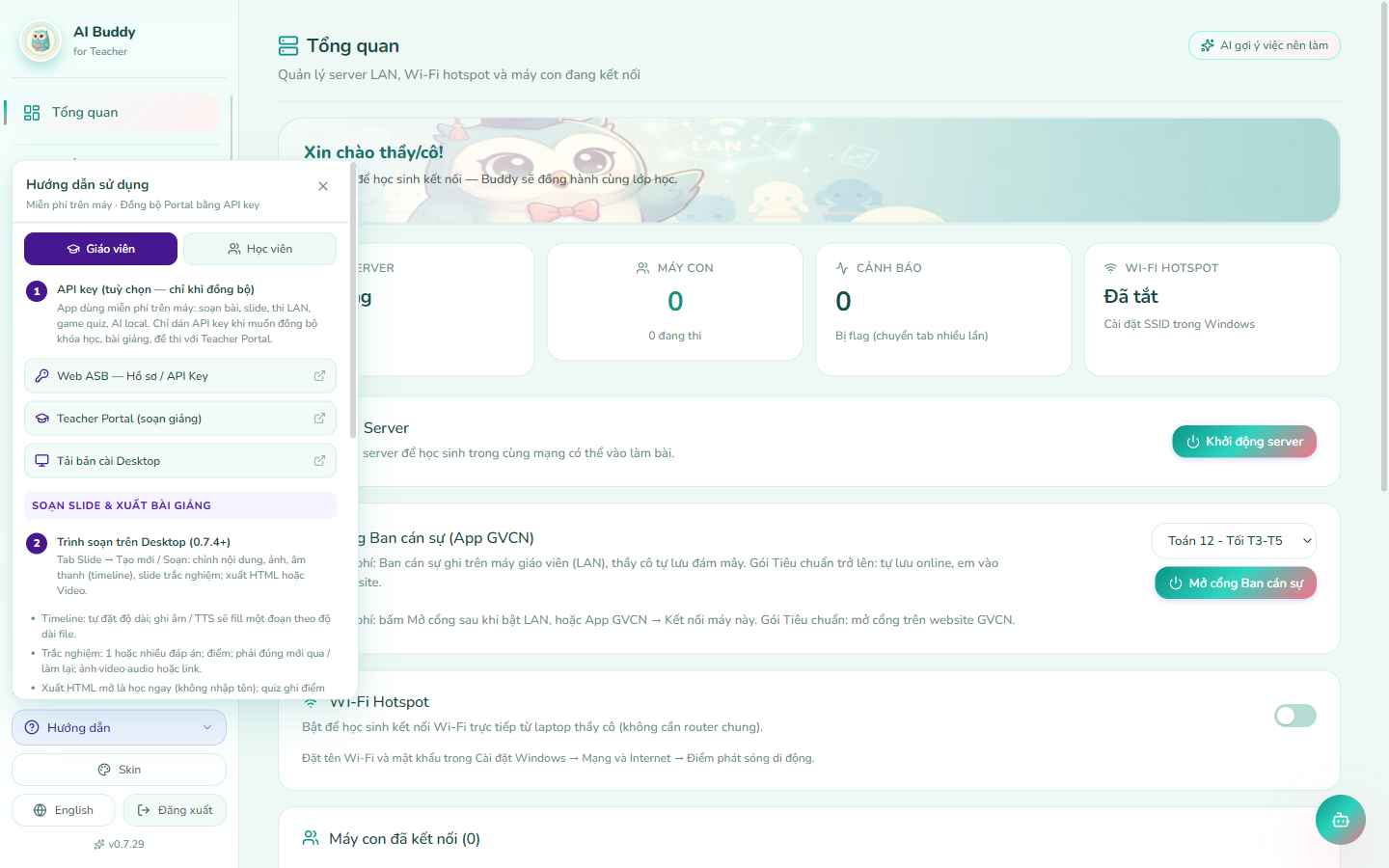 Bảng Hướng dẫn trong app — tab Giáo viên và Học viên