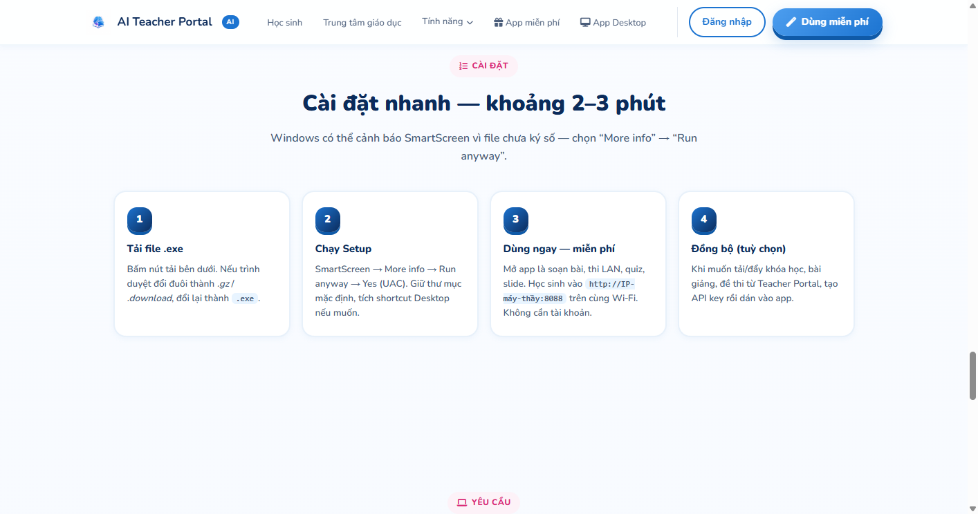 Khối hướng dẫn cài nhanh trên trang tải — 4 bước