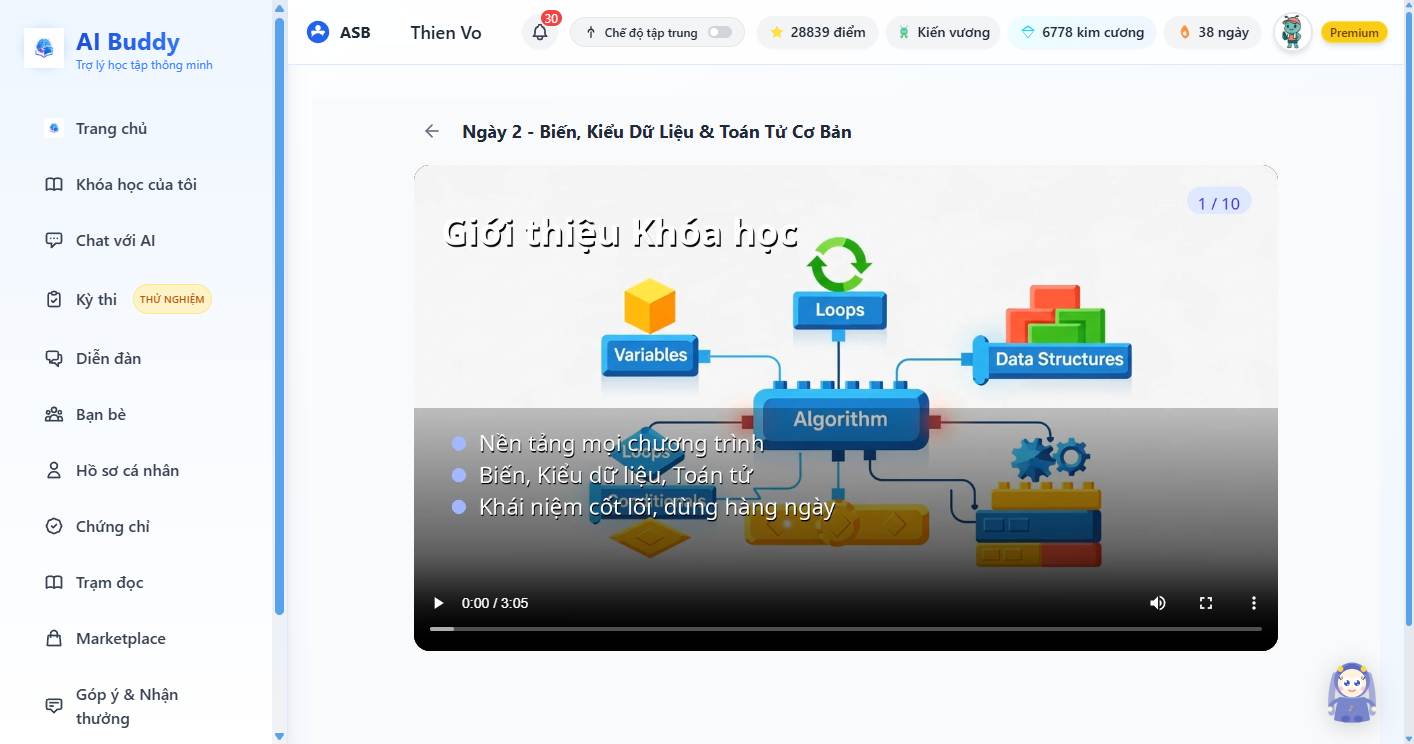 Xem video bài giảng AI — play, âm lượng, toàn màn hình
