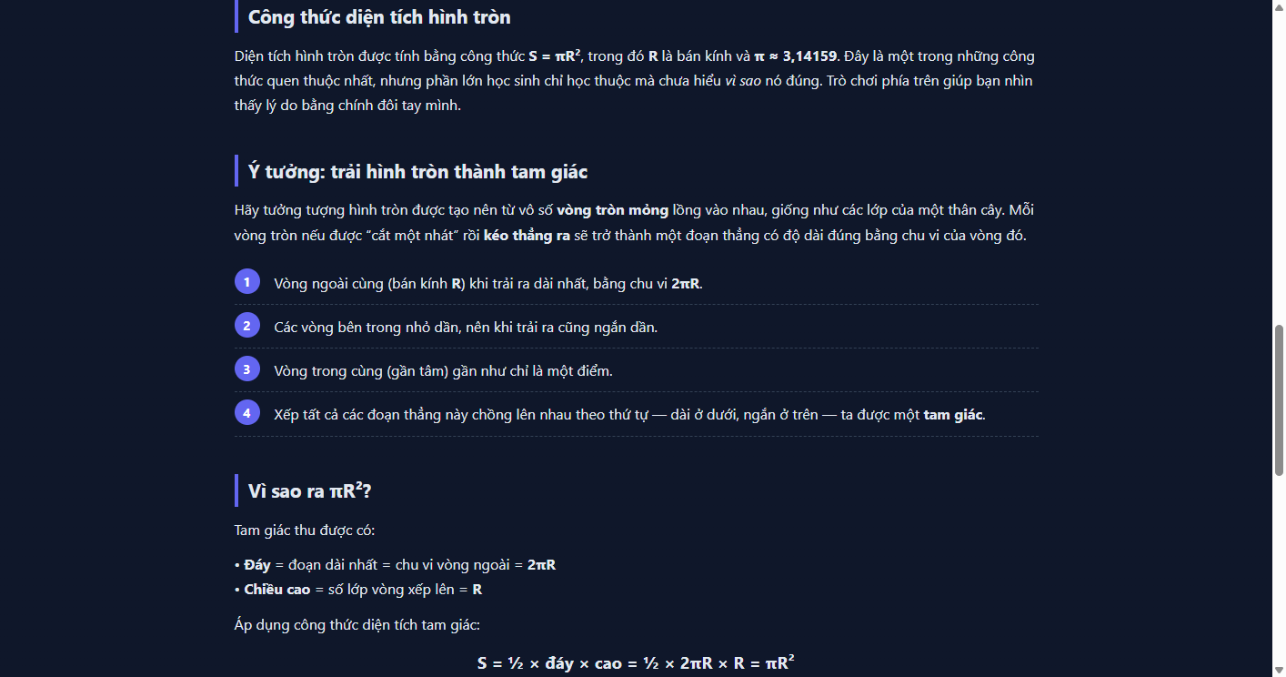 Bài viết dưới game — công thức, các bước trải vòng thành tam giác, vì sao ra πR²