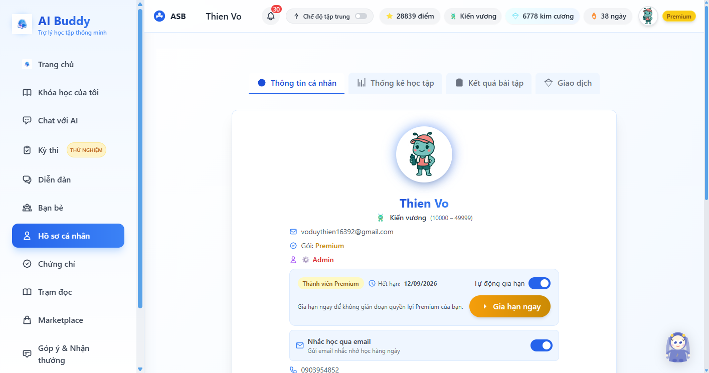 Trang hồ sơ trên desktop