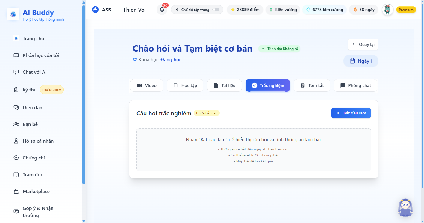 Tab Trắc nghiệm — chưa bắt đầu