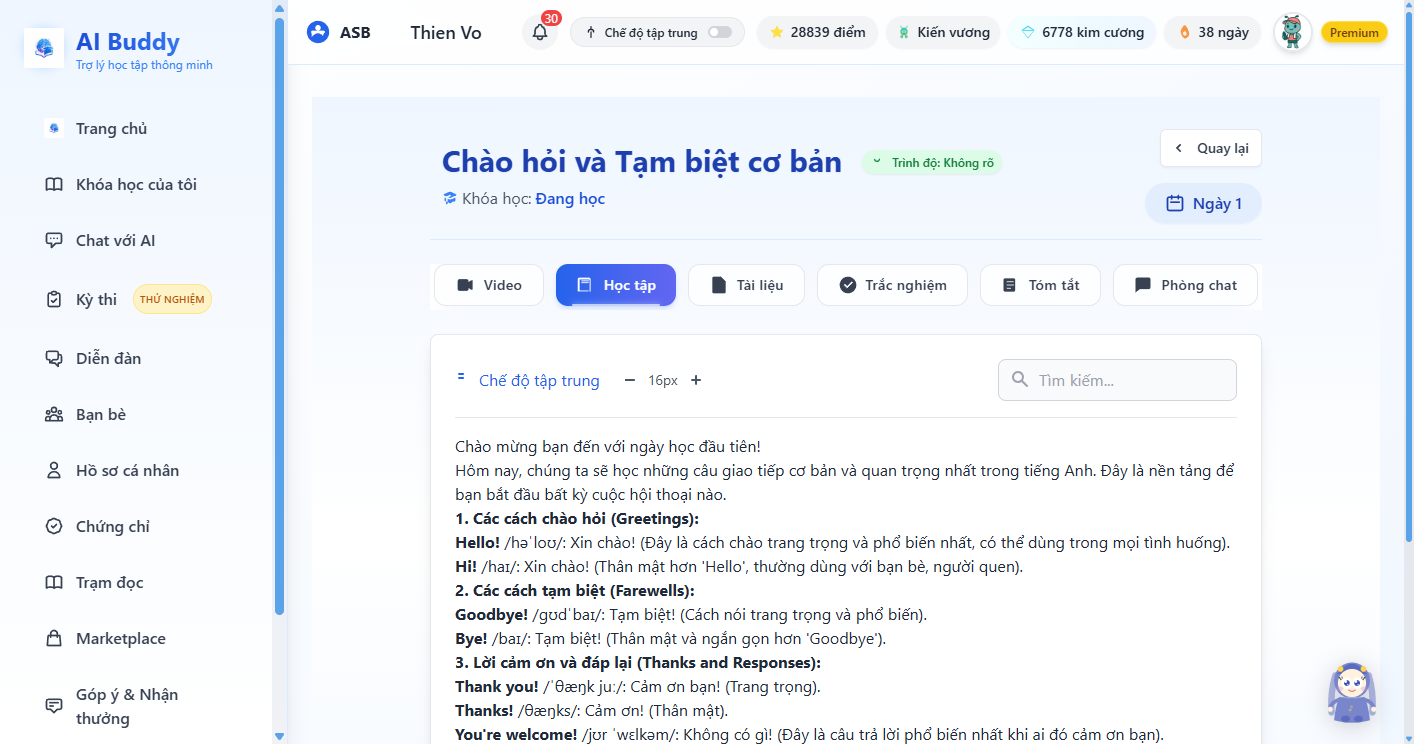 Ngày học — tab Học tập