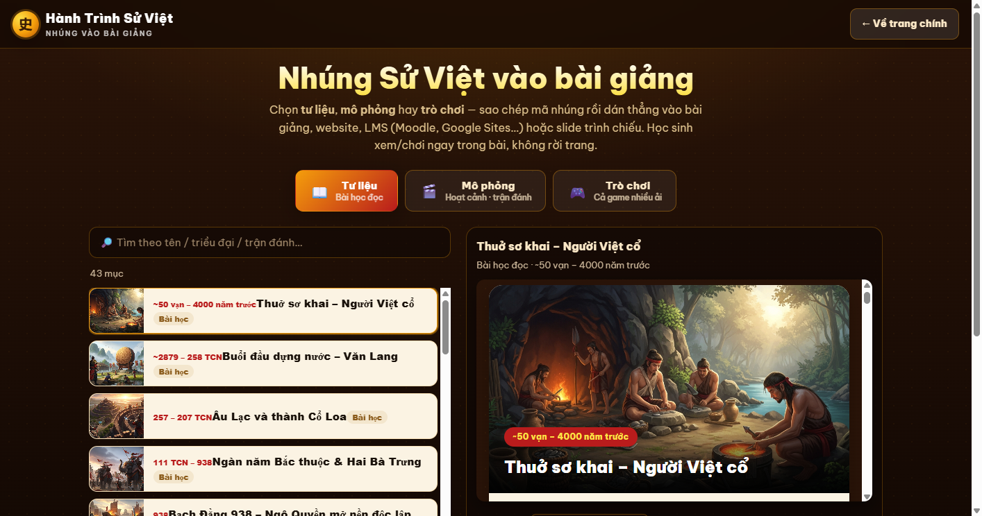Công cụ nhúng — tab Tư liệu, danh sách bài, xem trước iframe và nút Sao chép mã nhúng