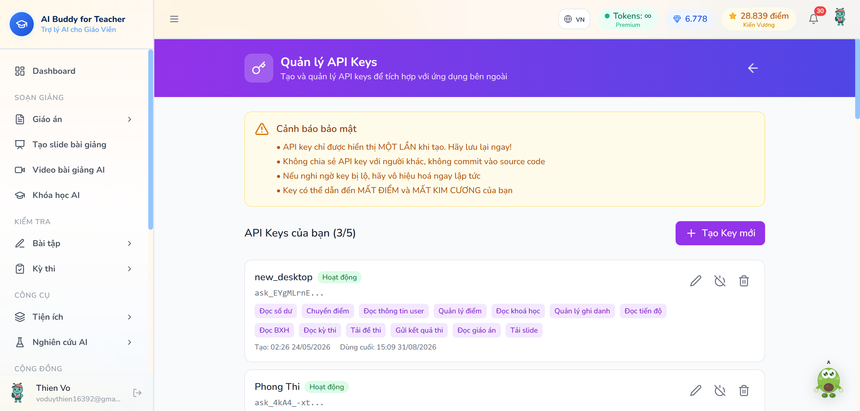 Trang API Keys trên Teacher Portal — tạo key và chọn quyền