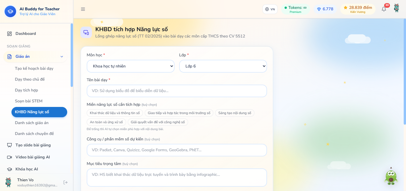 Form KHBD tích hợp Năng lực số — Khoa học tự nhiên lớp 6, miền năng lực, công cụ số