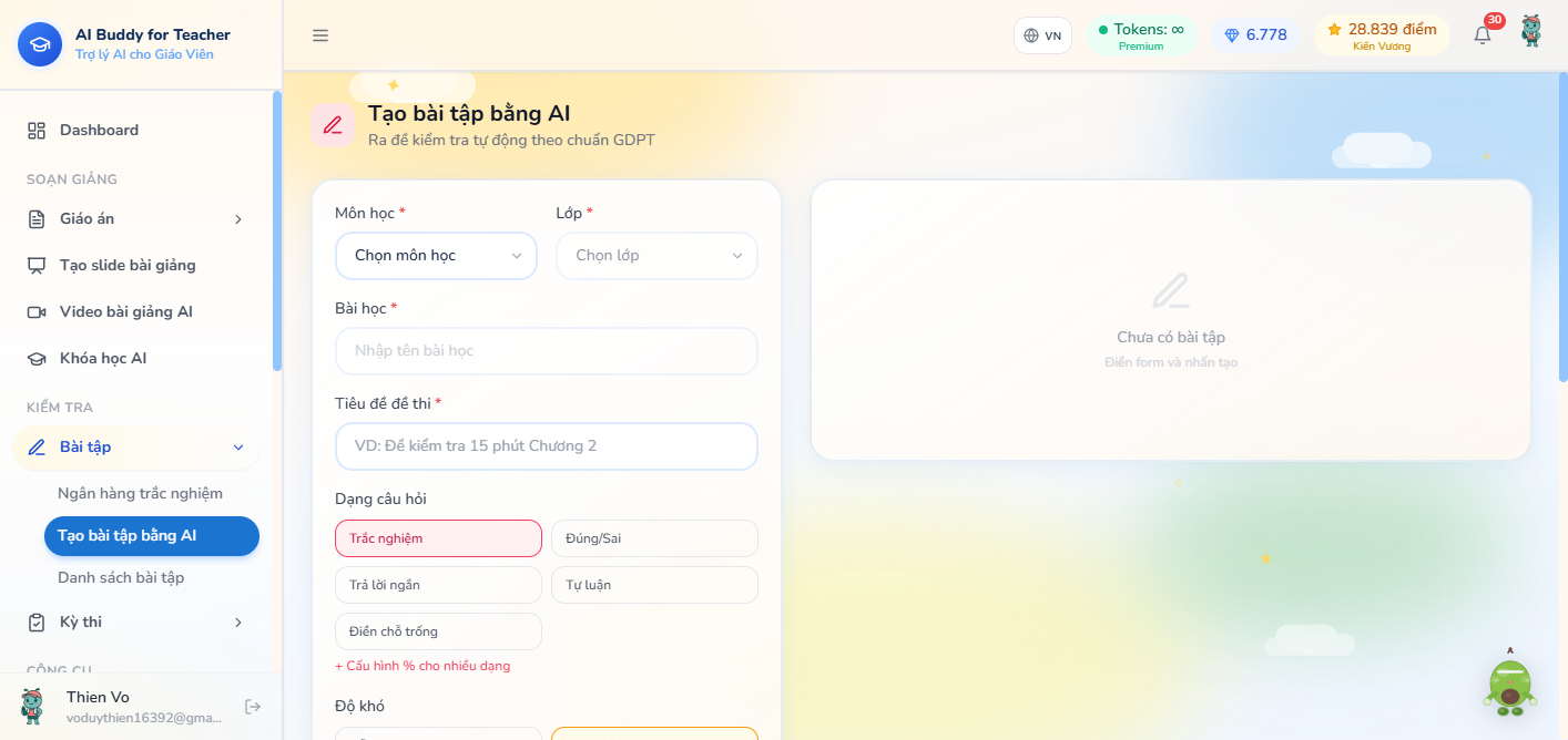Form Tạo bài tập bằng AI — môn lớp bài, tiêu đề đề, dạng câu trắc nghiệm đúng sai tự luận