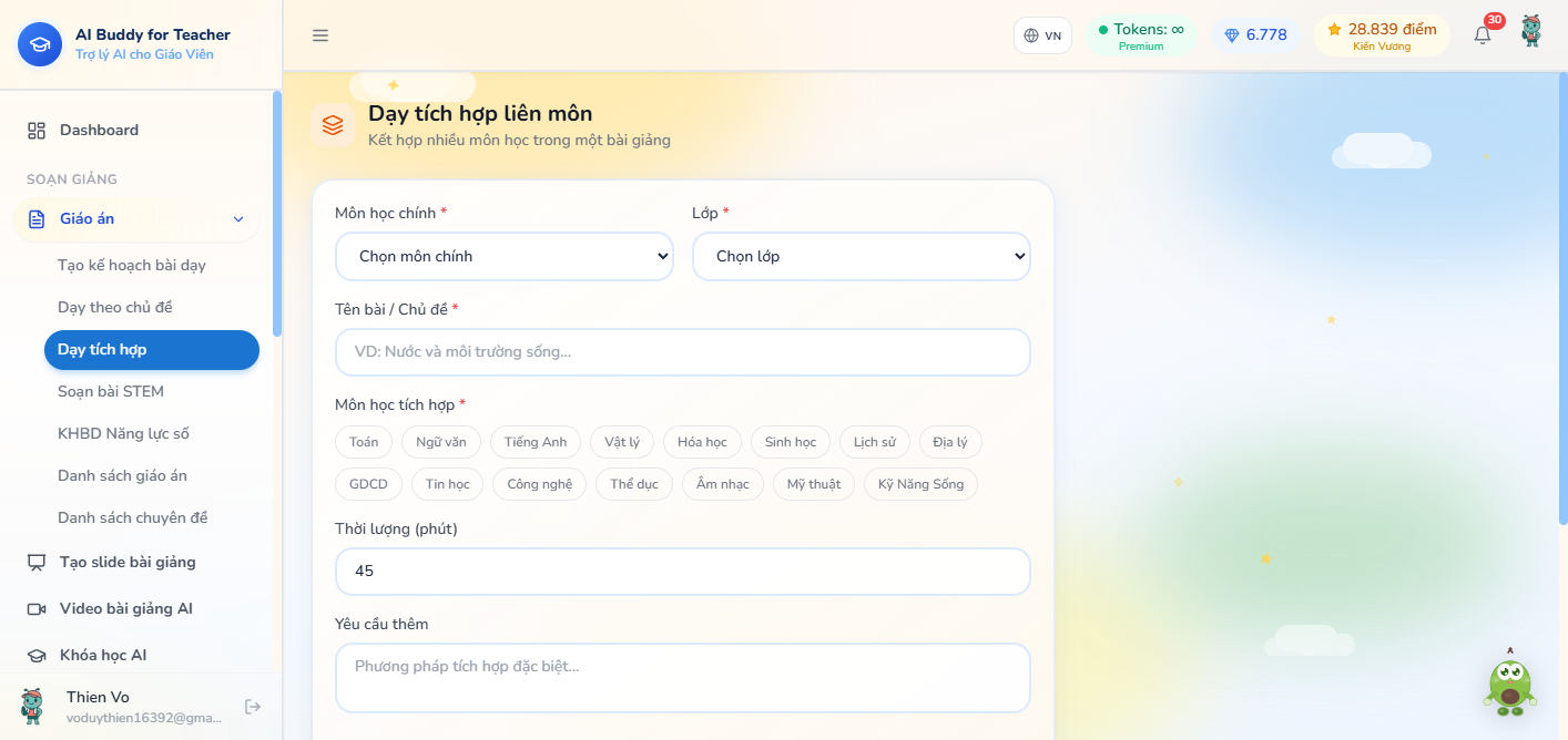 Form Dạy tích hợp liên môn — môn chính, lớp, tên bài, các môn tích hợp