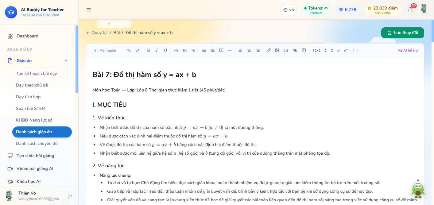 Trình soạn giáo án — thanh công cụ f(x) Σ √, nút Lưu thay đổi, nội dung bài Đồ thị hàm số