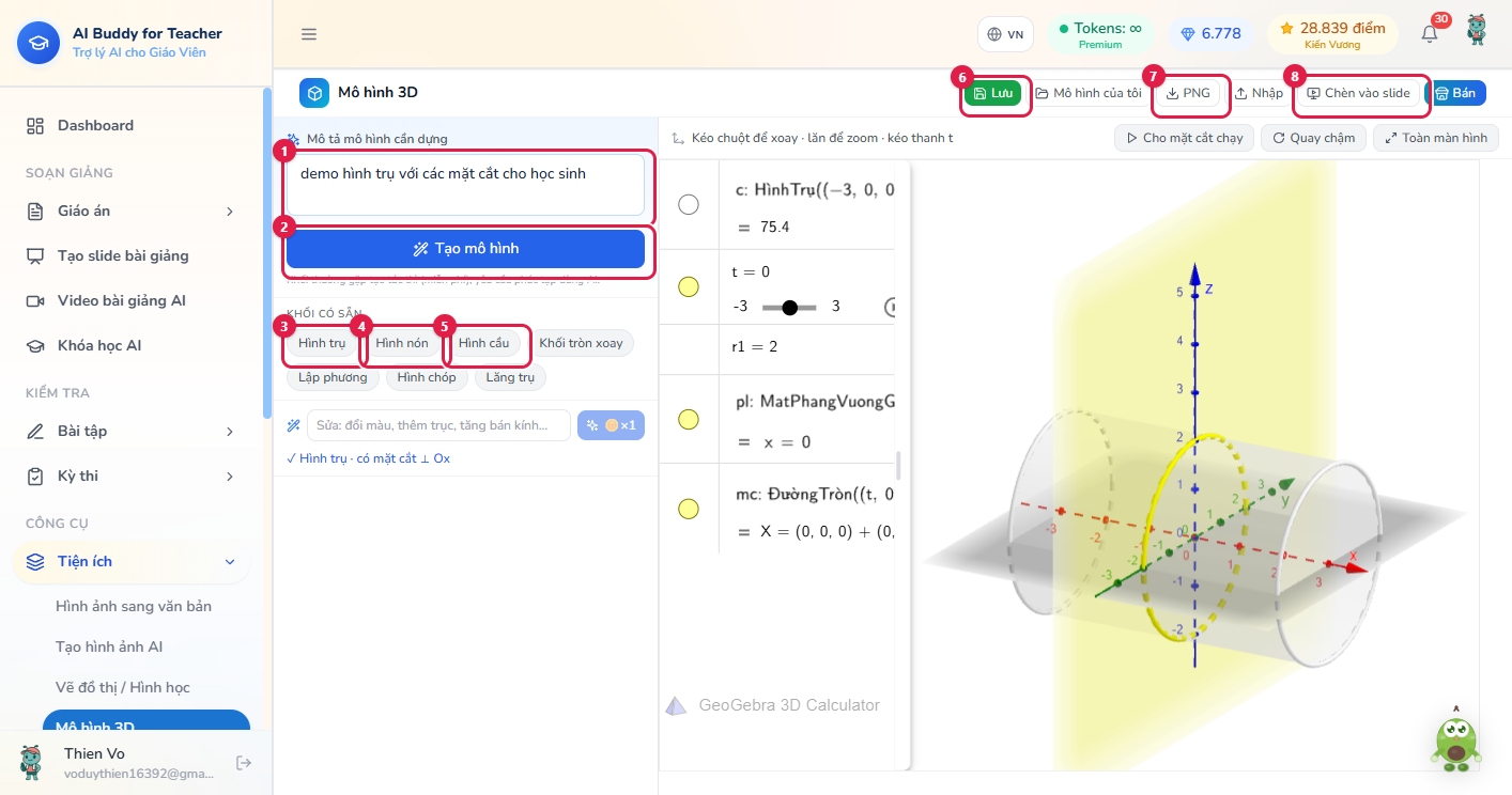 Mô hình 3D — khoanh ô mô tả, Tạo mô hình, Hình trụ nón cầu, Lưu, PNG, Chèn vào slide