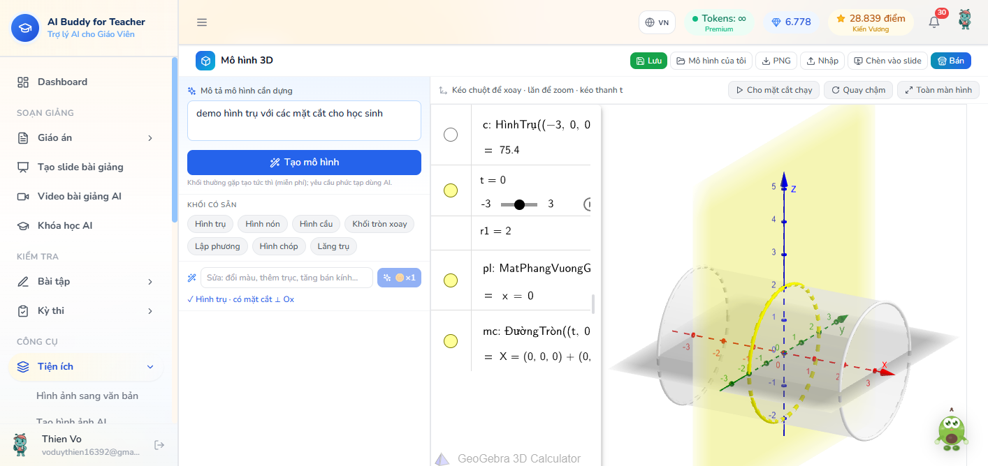 Mô hình 3D — mô tả hình trụ mặt cắt, khối có sẵn, cửa sổ GeoGebra hình trụ