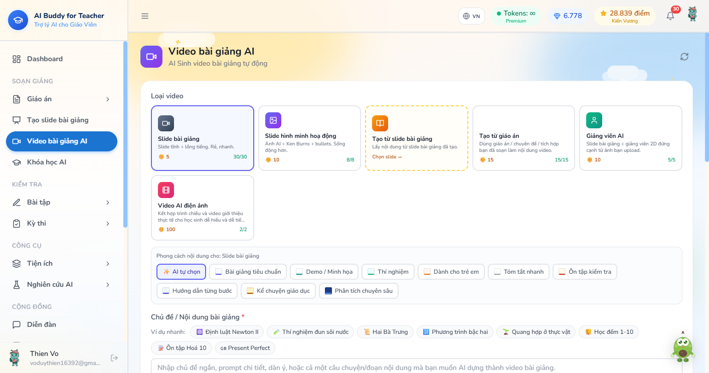 Tạo Video bài giảng AI — chọn loại video và chủ đề